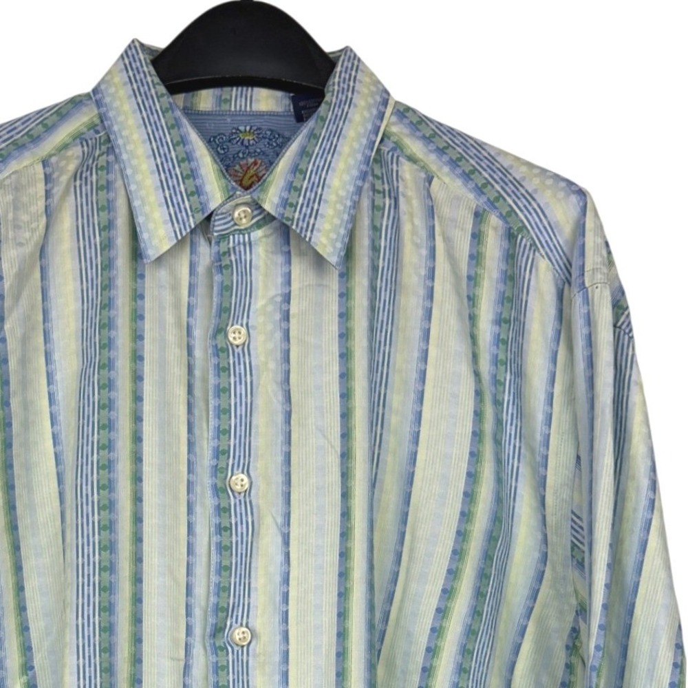 Robert Graham Button Down Mens 2XL Blue Green Striped Polka Dot Embroidered